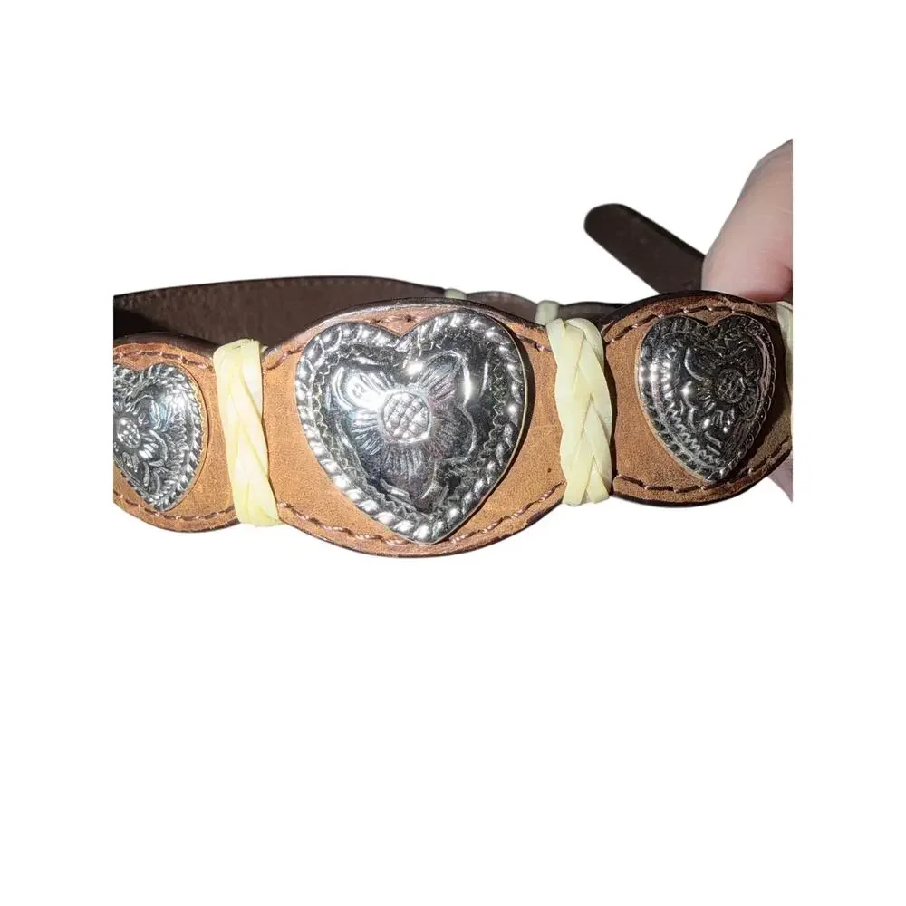 DDD 3D Belt tan leather with silver heart women’s belt western 24 - 28 inches